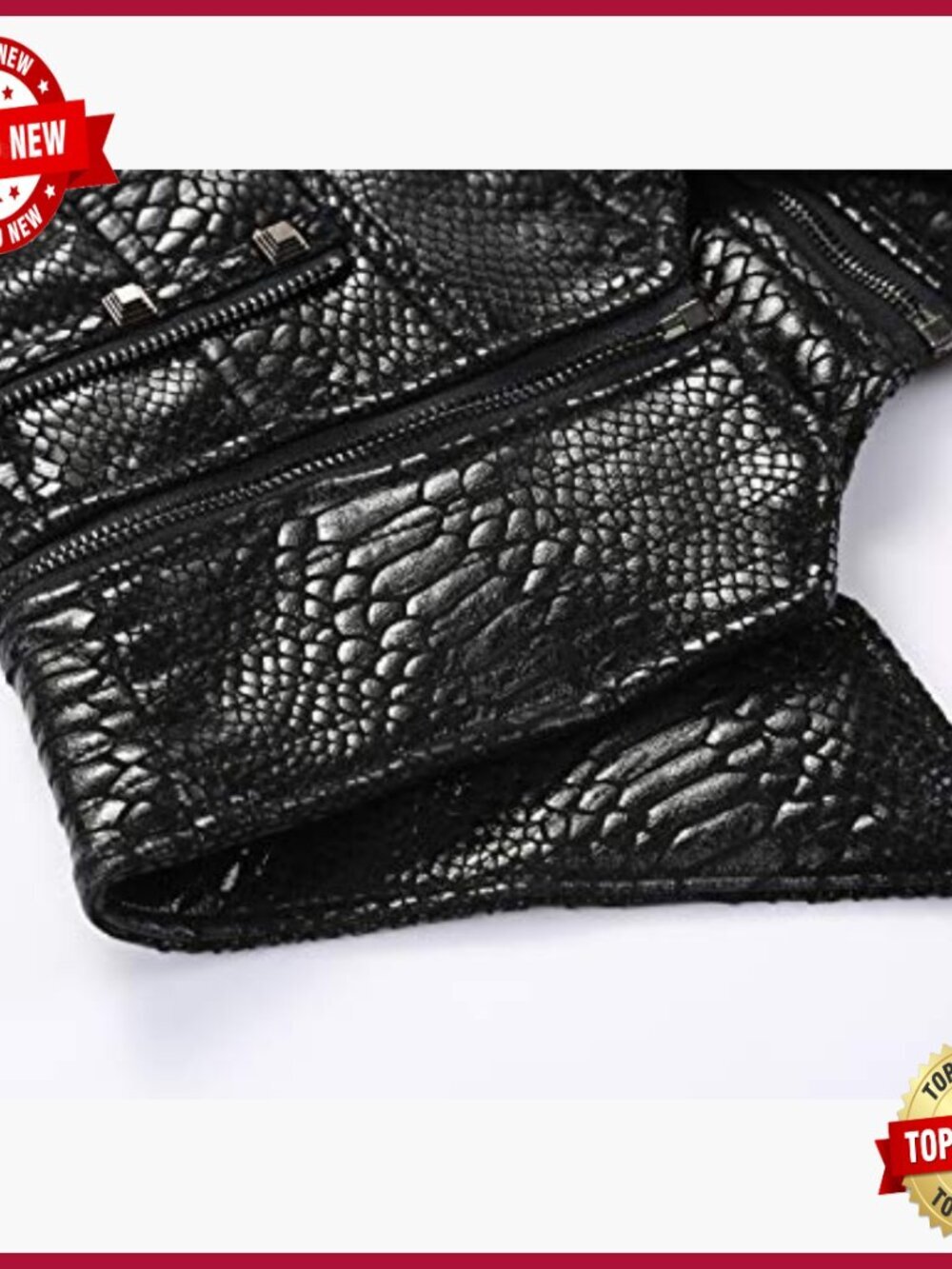 Slim Fit Faux Leather Moto Jacket with Snake Print Studded Details - Picture 4 of 6